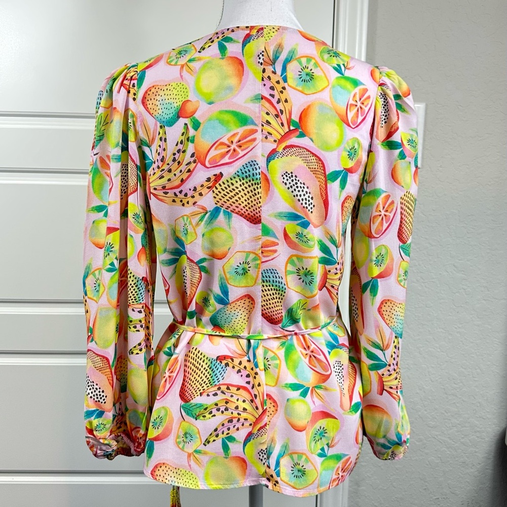 Farm Rio Anthropologie Rainforest Boho Colorful Wrap Blouse Beaded Ties Size XS - Picture 3 of 10